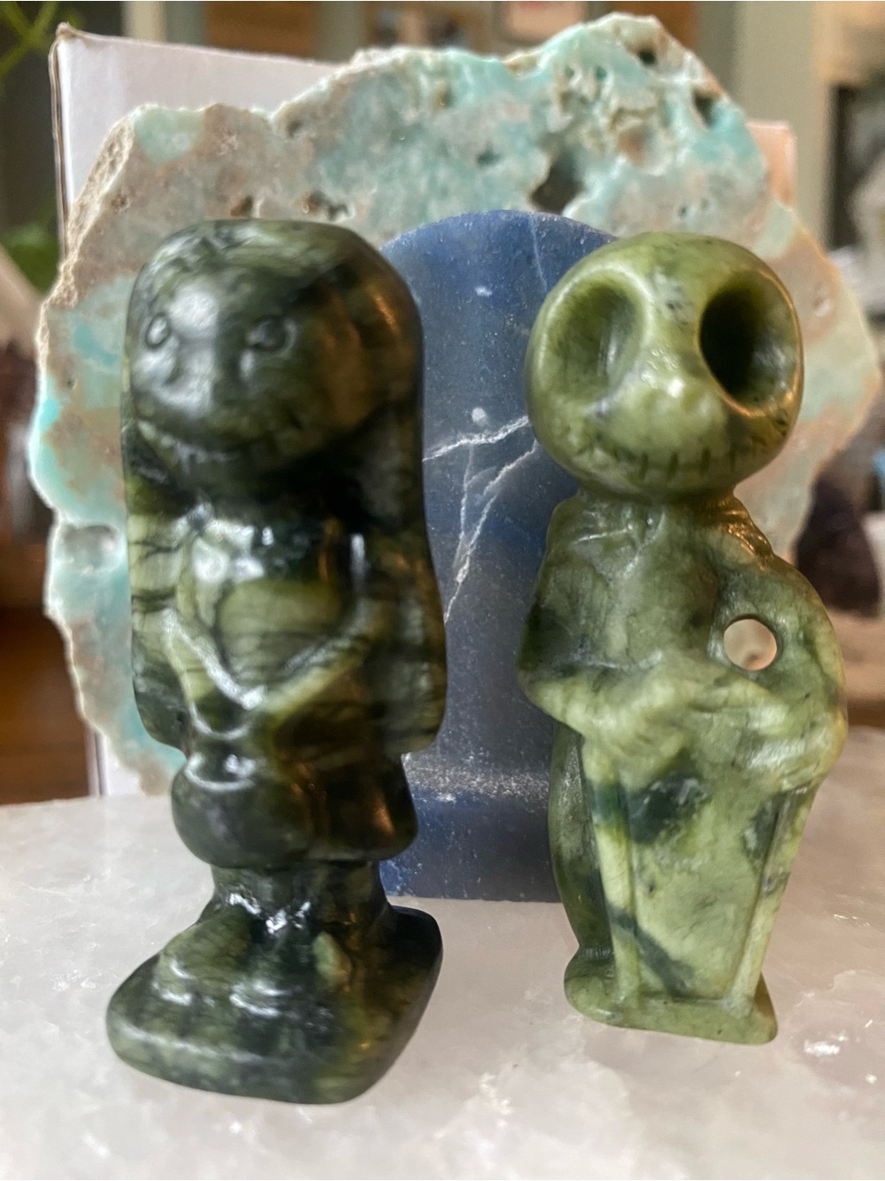 Sally and Jack Green Jade Stone Figures - Pair